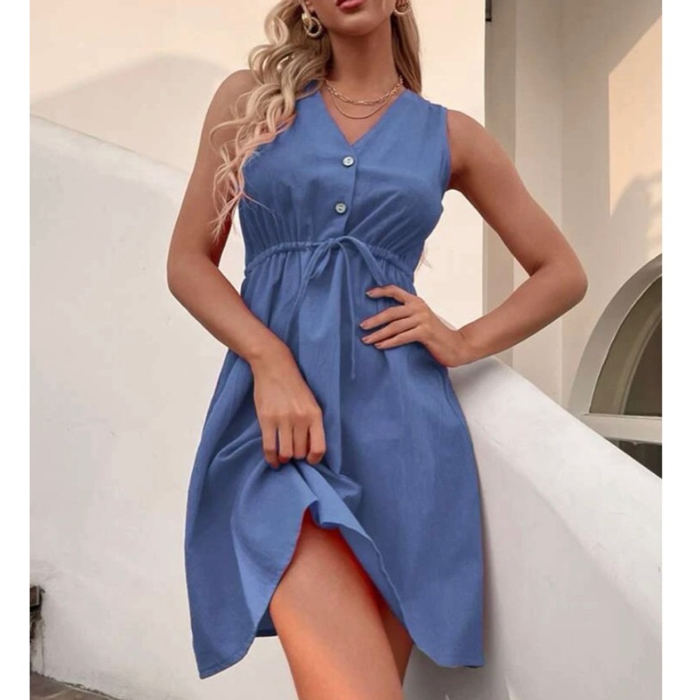 Solid Button Detail Drawstring Waist Dress